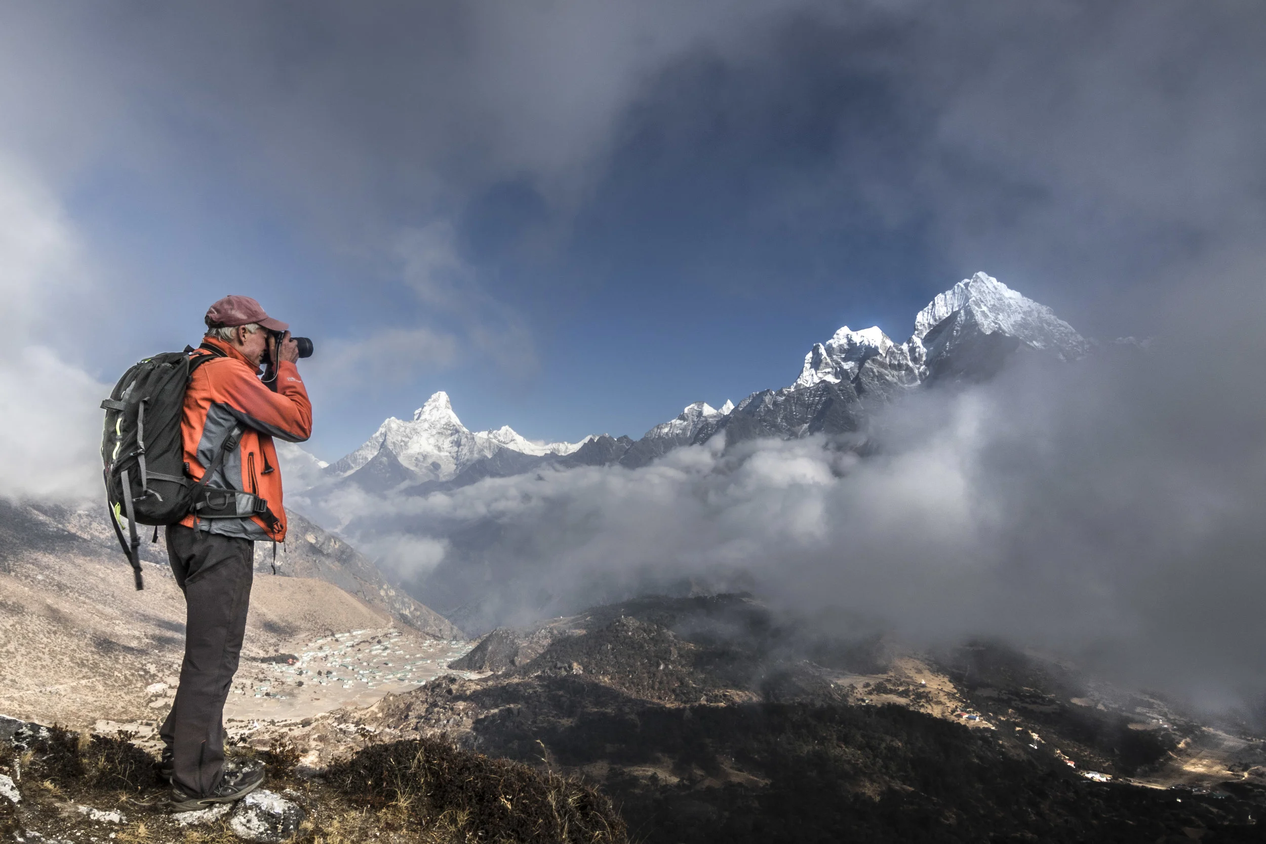 David Breashears photographs the famous mountain view of Ama Dablam and Thamserku from above Namche/Khunde