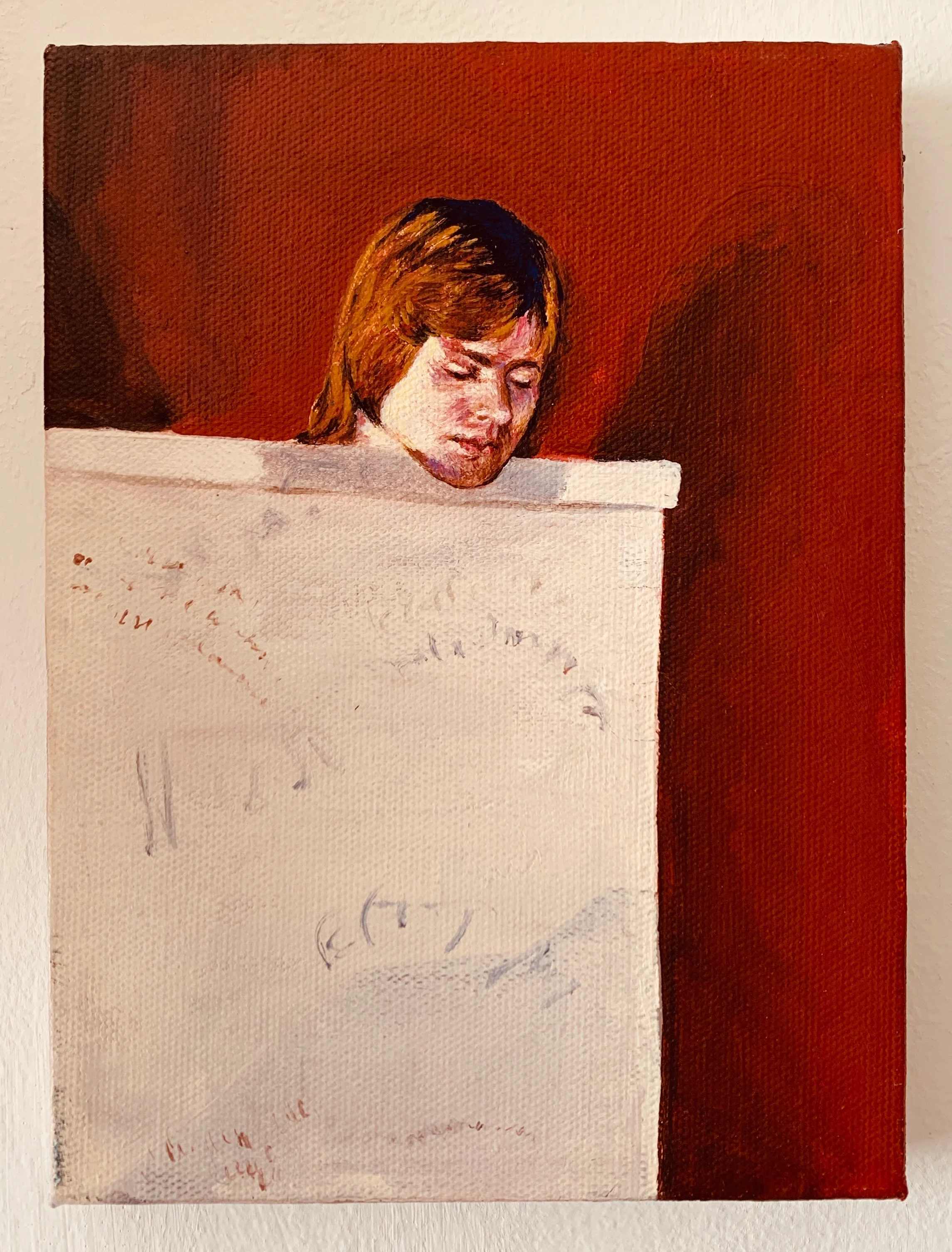 "Tad in the men's room," by Boris Torres; oil on canvas, 6x8 inches, 2011.