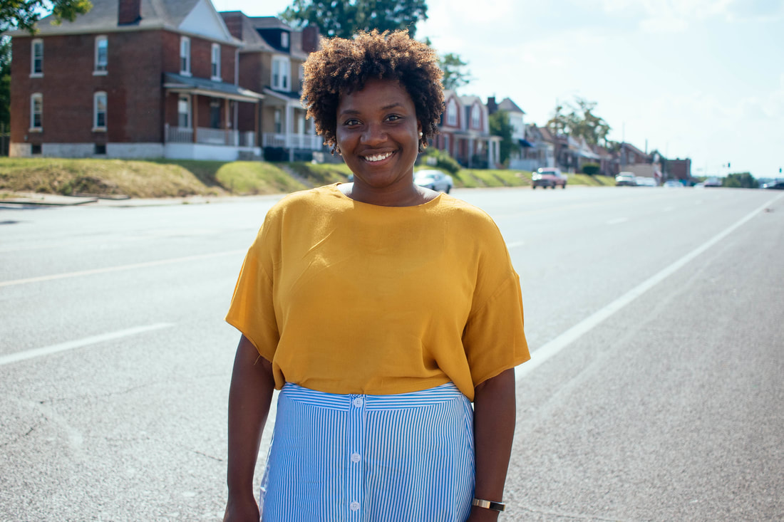  Monti Hill, a power-builder in WEPOWER’s inaugural Education Power-Building Academy in North St. Louis city, pictured here on Natural Bridge Road near her home // Photo by Kristen Trudo 