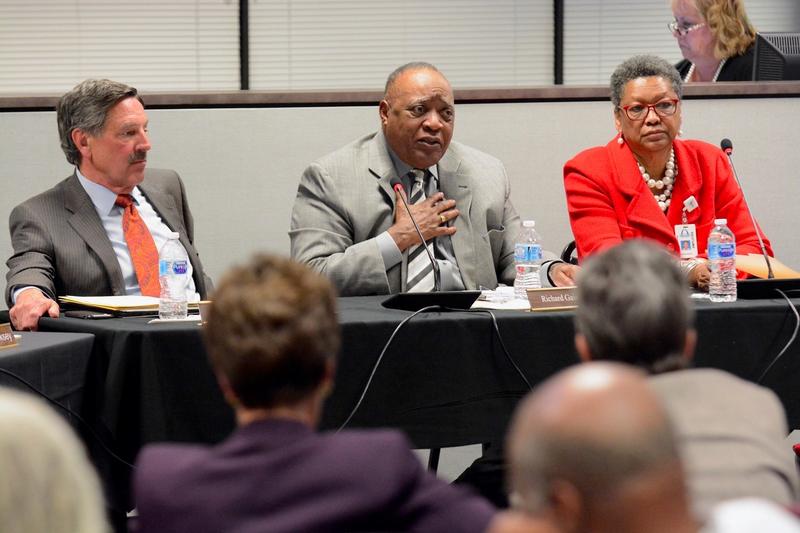  The Special Administrative Board of St. Louis Public Schools at a March meeting. The administrative board has governed the school district for a decade.  
