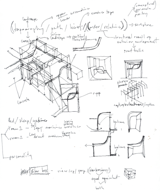 Hand-drawn architectural sketch of a building with annotations, including notes on landscape, upper courtyards, living spaces, sculptures, exterior environments, front trails, and structural elements. Includes sketches of furniture, balconies, and a view/look box for perspective.