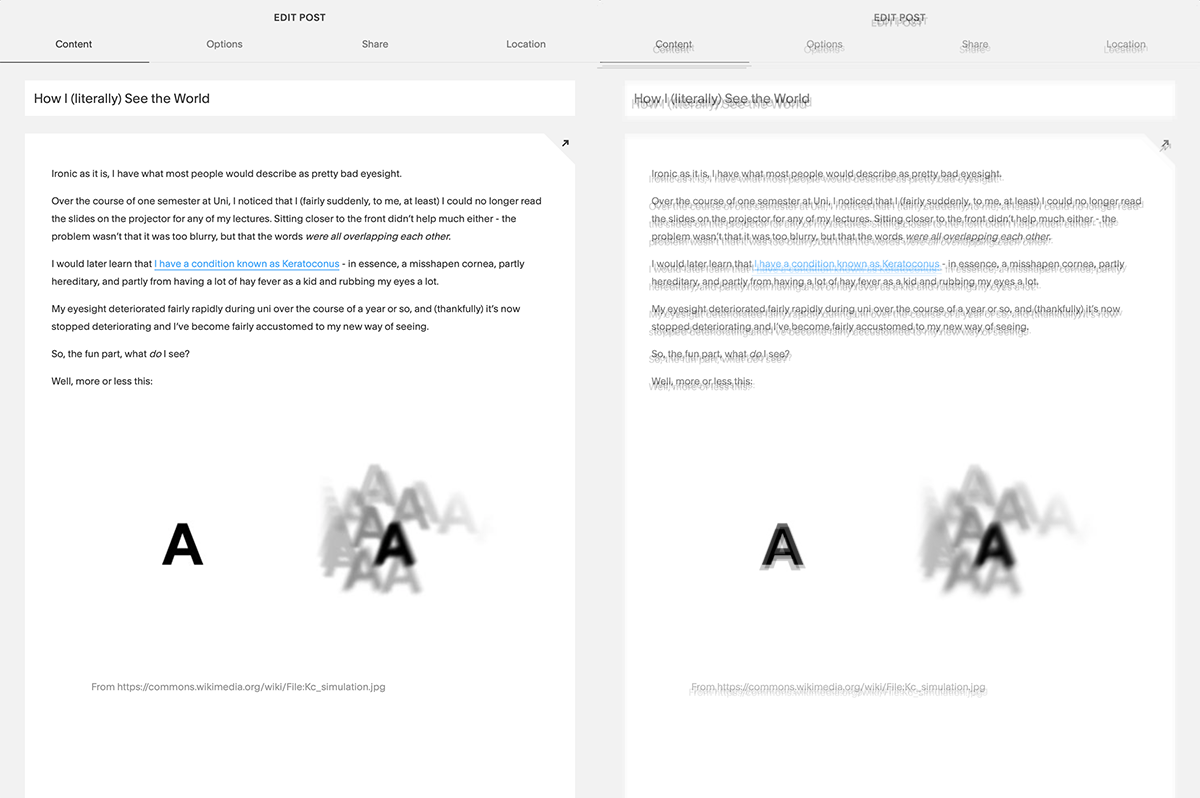 Left: This blog post. Right: How this blog post looks to me.