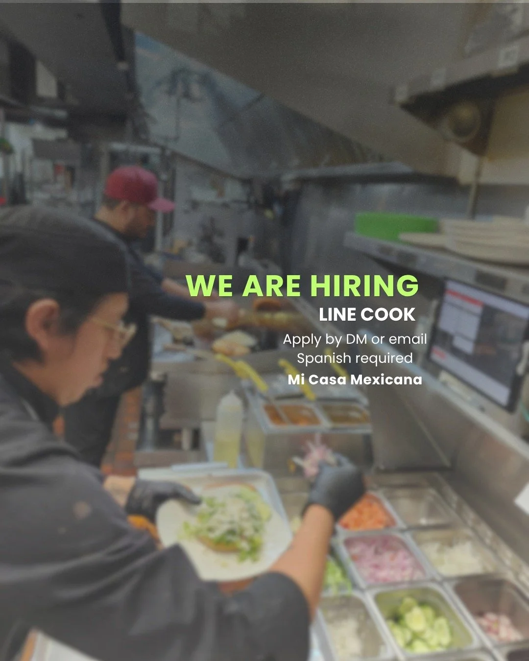 WE ARE HIRING 👨&zwj;🍳

Mi Casa Mexicana is looking for a Line Cook to join our busy Mexican kitchen in Vancouver.
We are looking for someone responsible, reliable and hardworking who can perform well in a fast-paced environment.

Spanish is require