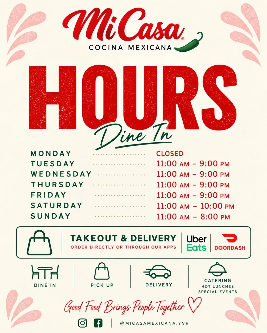 Updated Hours 🌮

Starting Friday, September 25, our dine-in hours are changing slightly.

We&rsquo;re still here for dine-in, pickup and delivery &mdash; plus catering, hot lunches and special events. ❤️

📍 2015 Burrard St, Vancouver
📲 Takeout &am