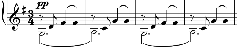 Opening four bars, which sets the rhythm and tone for the first half of the piece.