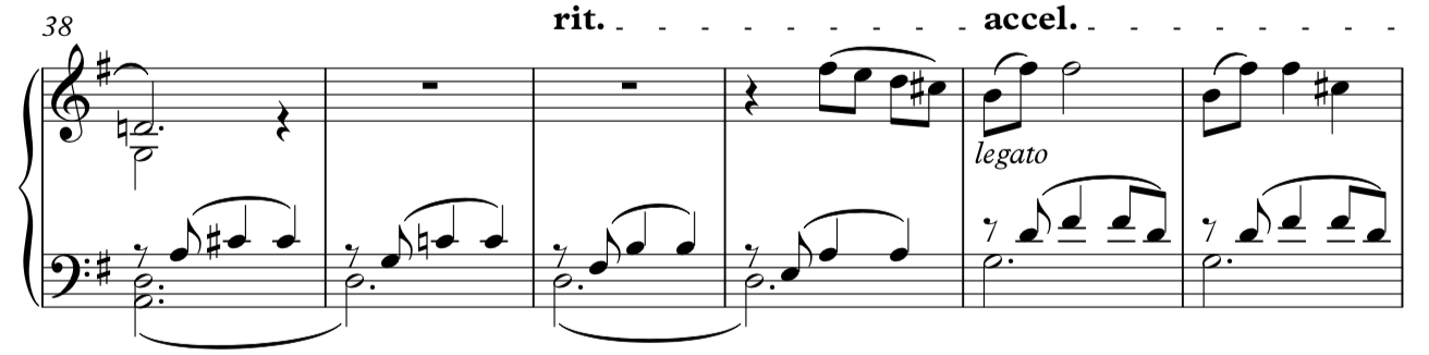 Transition between the two halves of the piece. Notice the similarities to the melody, but in modified form and in the home key of G-major.