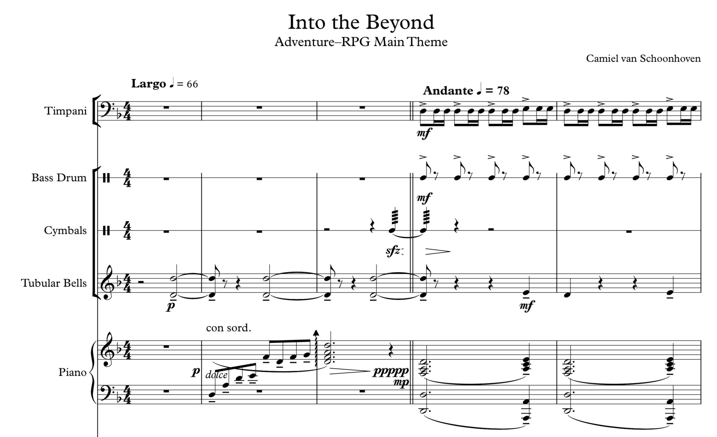 The opening bars for percussion and piano.
