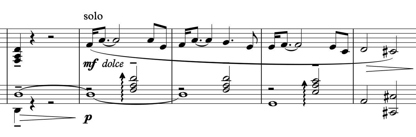 Piano solo directly before the organ enters the piece; notice similarities to the original theme.