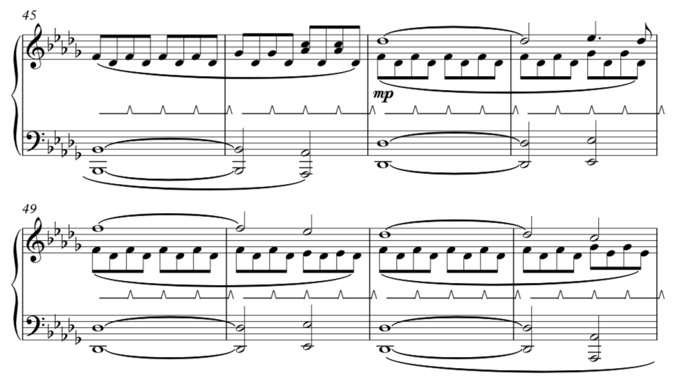 The two-note theme varies itself as required alongside the bass to produce a melody of sorts, but always it will hop back and forth.