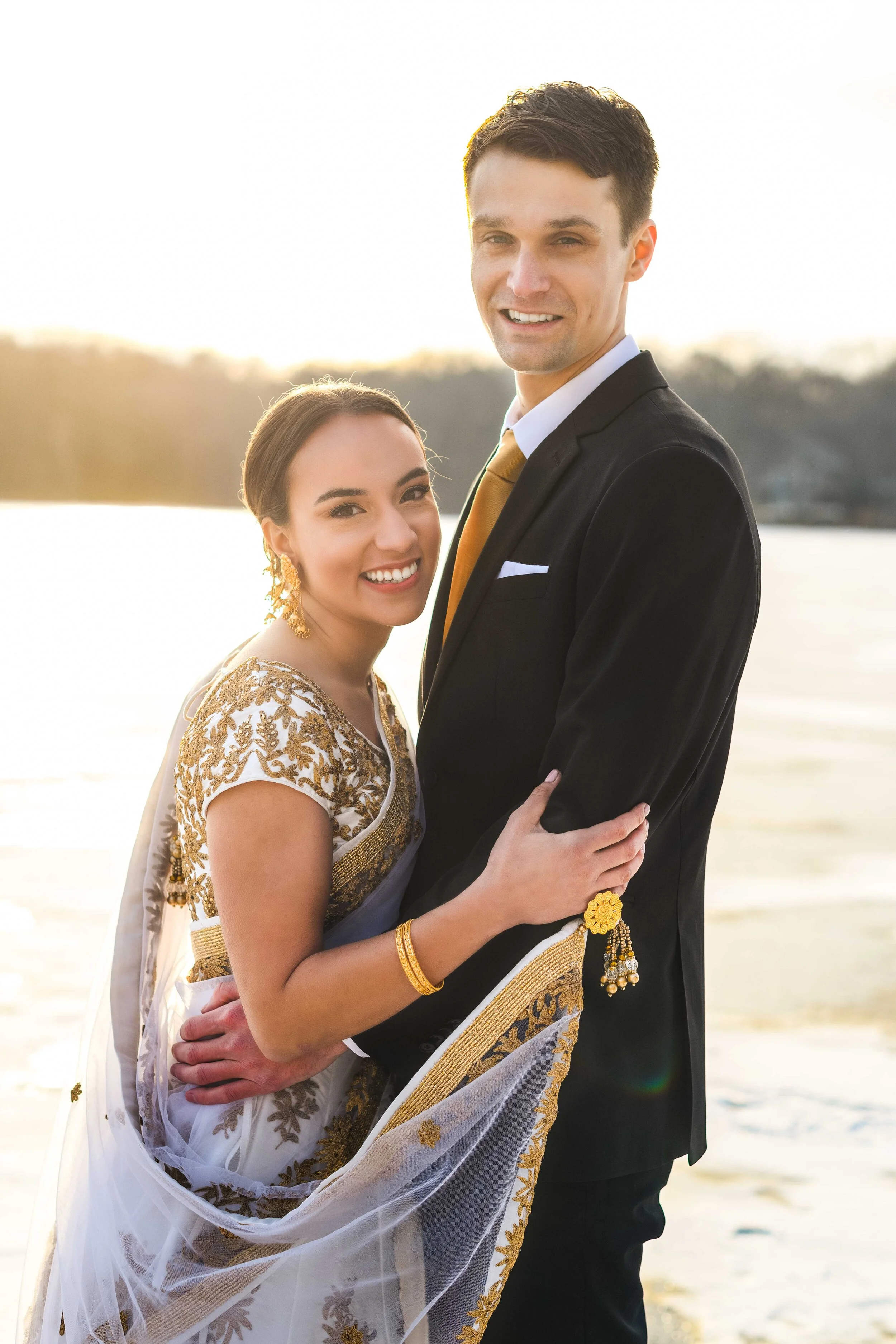 Bride and groom standing together at Maplelag Resort for their  wedding