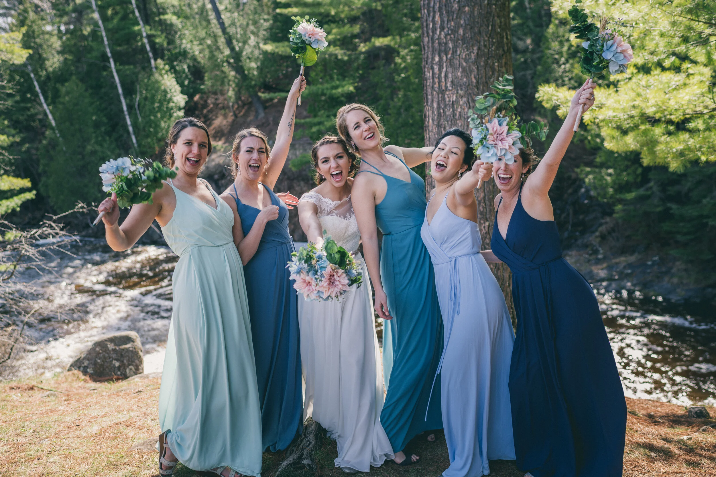 Bridesmaids celebrating together during a North Shore Lake Superior wedding