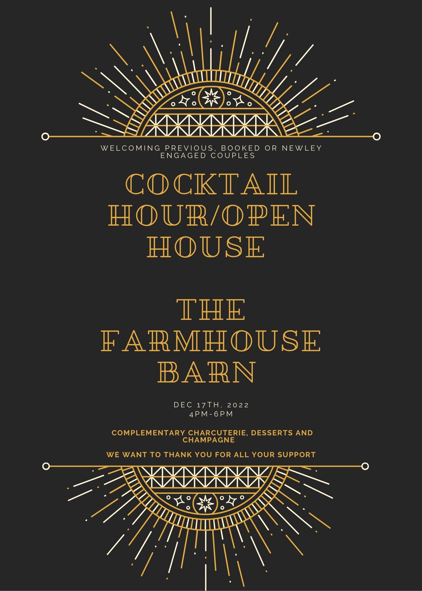 We are a week away from our Cocktail Hour and Open House at The Farmhouse Barn! 

Saturday, December 17th 
4-6 pm 

We want to thank everyone for supporting us the last few years and look forward to our new couples and adventures. Whether you are a p