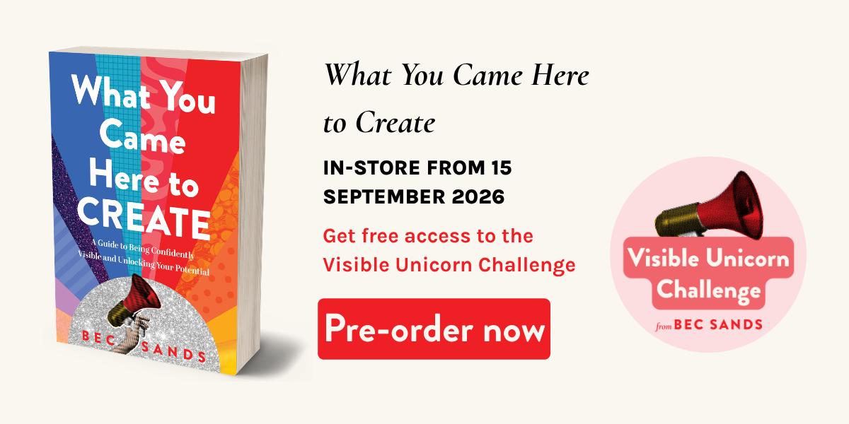 Banner image of Bec Sands' new book, What You Came Here to Create, with links to pre-order the book