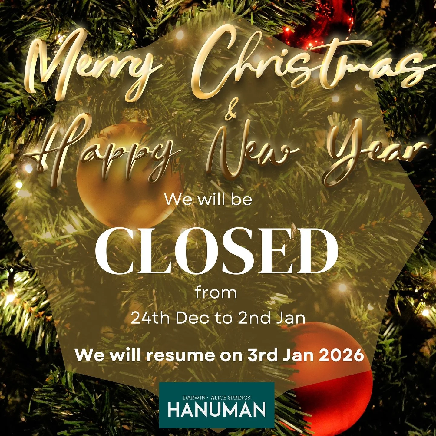 Warmest season&rsquo;s greetings from all of us at Hanuman Restaurant. ✨🎄

Please be advised that we will be closed for the Christmas and New Year period from Dec 24 to Jan 2. We will reopen on January 3,2026.

Thank you for your wonderful support t