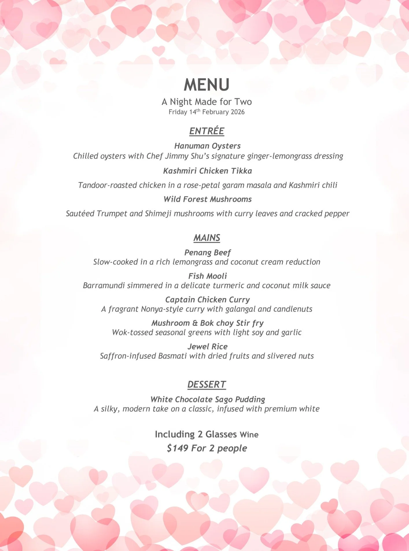 💖Valentine&rsquo;s Day Special Menu 💖
Make this Valentine&rsquo;s unforgettable with a romantic dining experience at Hanuman Alice Springs. Join us on this special day and check out our exclusive Valentine&rsquo;s menu, available only on this day.