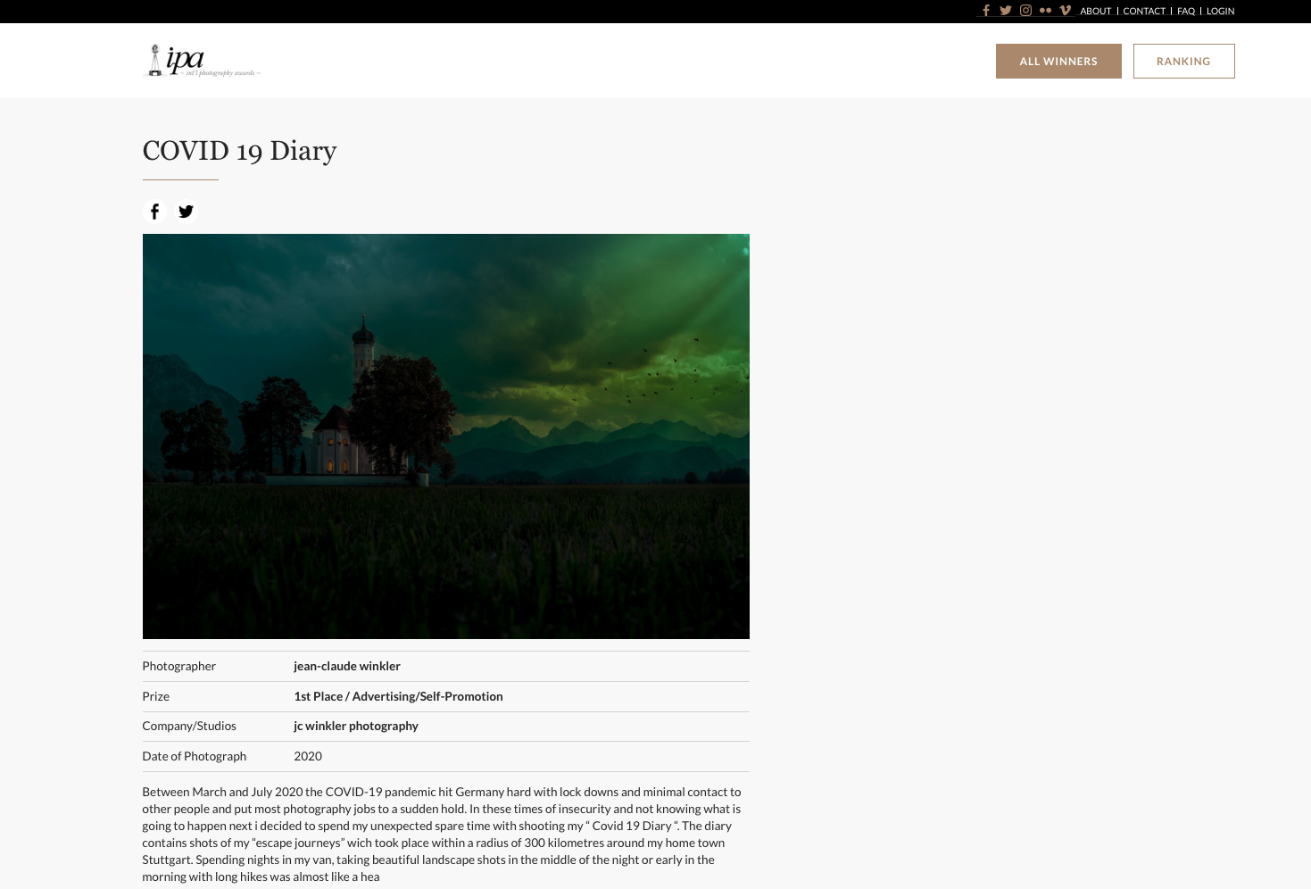 International Photography Award 2021 - "Covid 19 Diaries" Jean-Claude Winkler