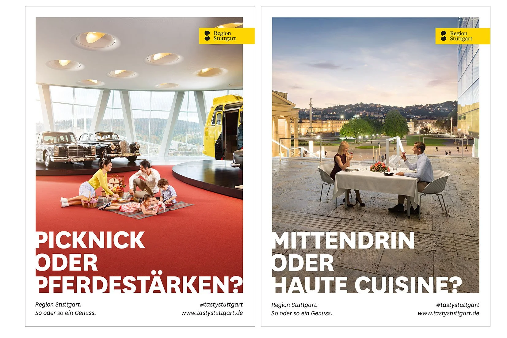 Zwei Fotos, die das Essen im Raum und auf einer Terrasse mit Blick auf die Stadt Stuttgart zeigen. Das linke Bild zeigt eine Familie, die auf einem roten Teppich im Museum Picknick macht, während auf dem rechten Bild ein Paar bei Abenddämmerung auf e