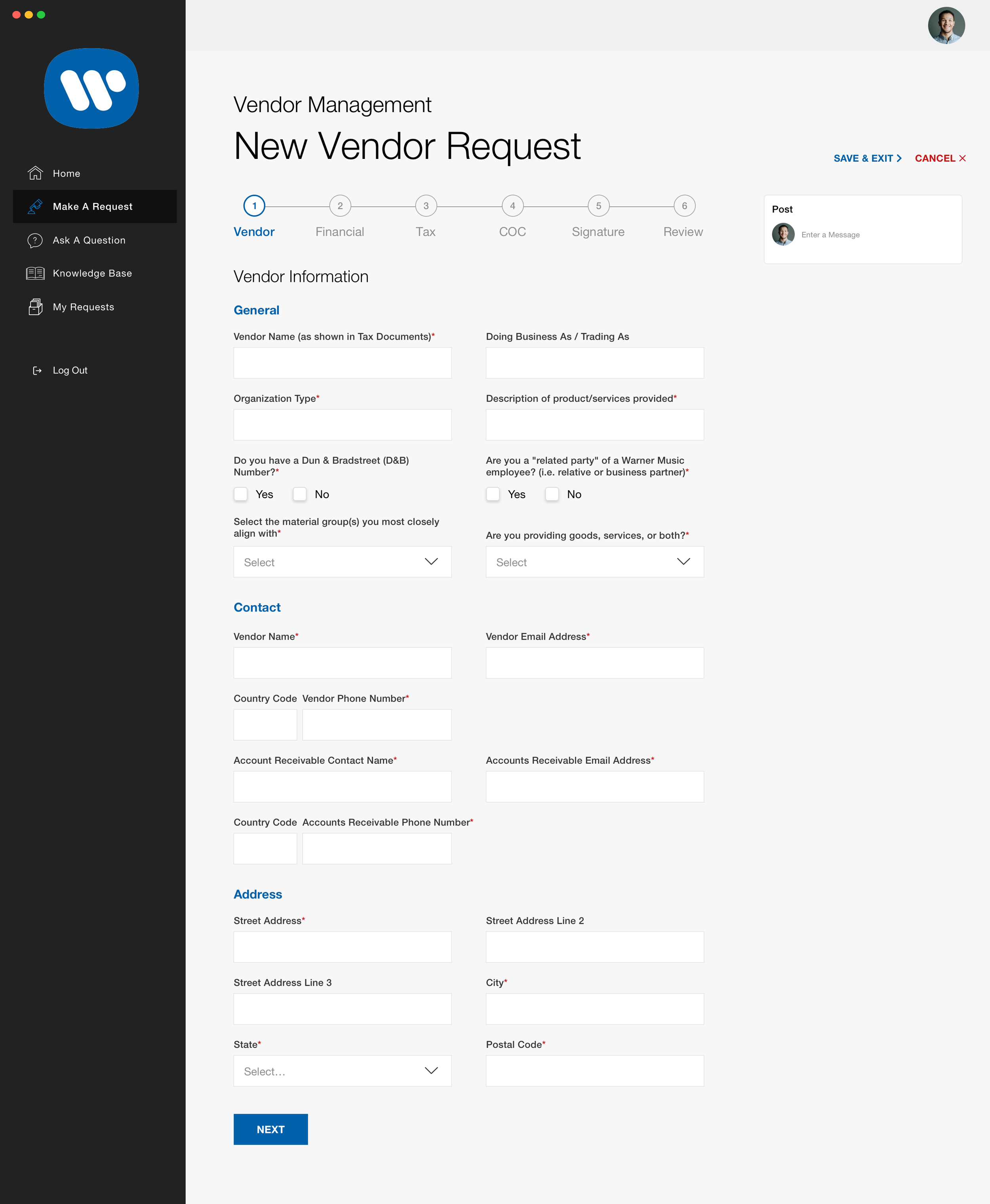 Requestor - New Vendor Request