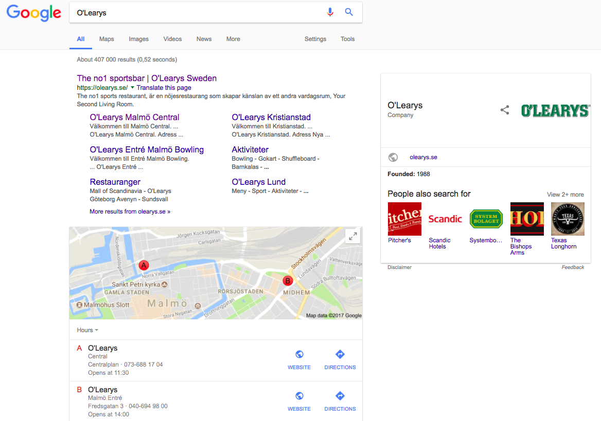 Googles sökresultat för "O'Learys" som visar platser i Google Maps för närmaste O'Learys