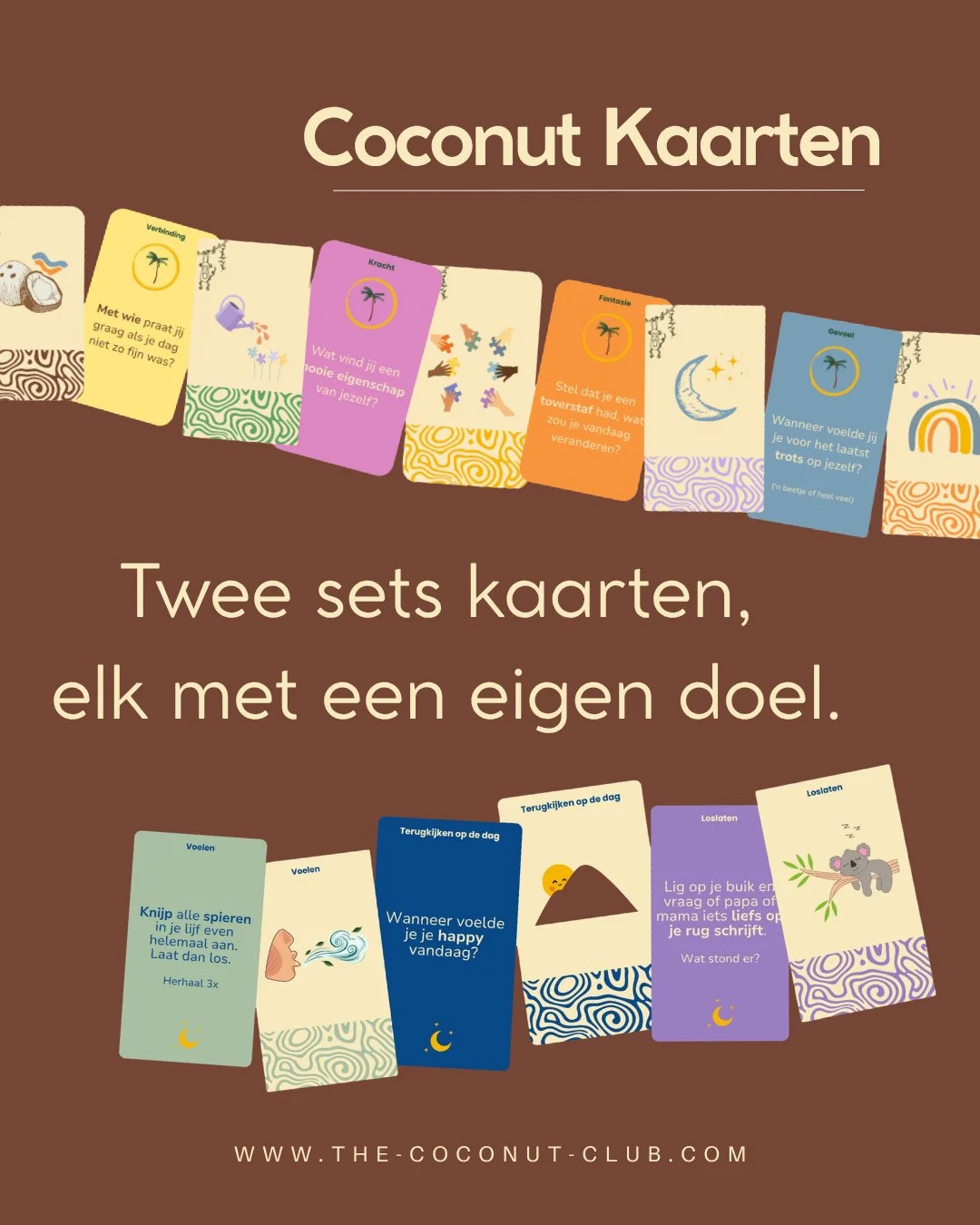 Meer verbinding overdag. Meer rust in de avond. 🌙 🤎⁠
⁠
De Coconut Praatkaarten + Slaapkaarten zijn d&eacute; combinatie voor gezinnen die het allebei willen. 🥥⁠
⁠
💛 Praatkaarten &rarr; gesprekken die ertoe doen, op een speelse manier⁠
🌙 Slaapkaa