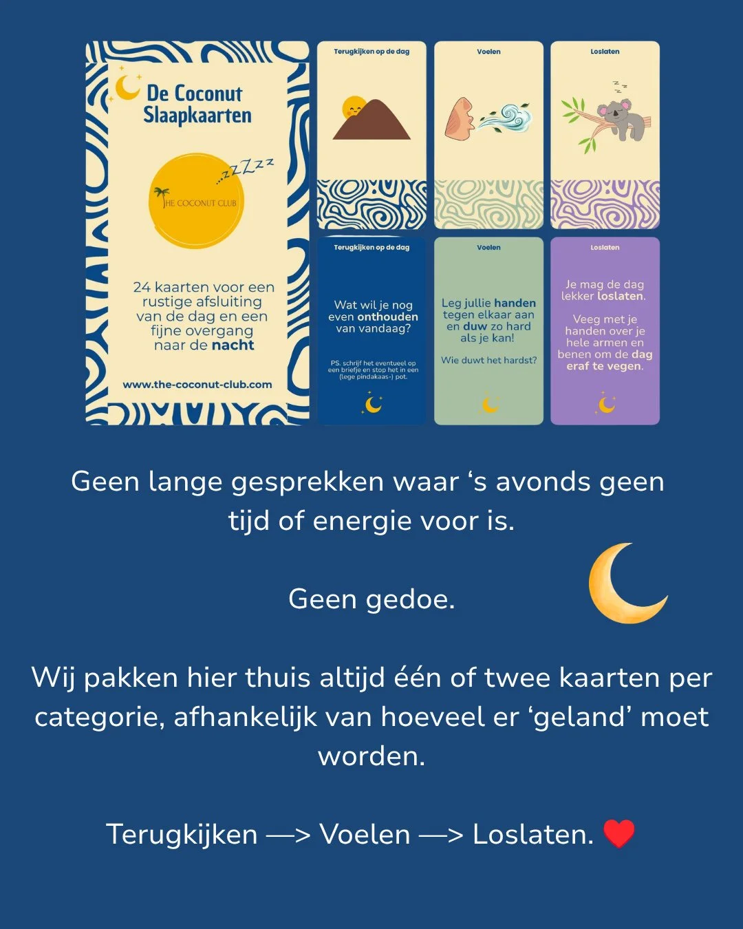 Meer verbinding overdag. Meer rust in de avond. 🌙 🤎⁠
⁠
De Coconut Praatkaarten + Slaapkaarten zijn d&eacute; combinatie voor gezinnen die het allebei willen. 🥥⁠
⁠
💛 Praatkaarten &rarr; gesprekken die ertoe doen, op een speelse manier⁠
🌙 Slaapkaa