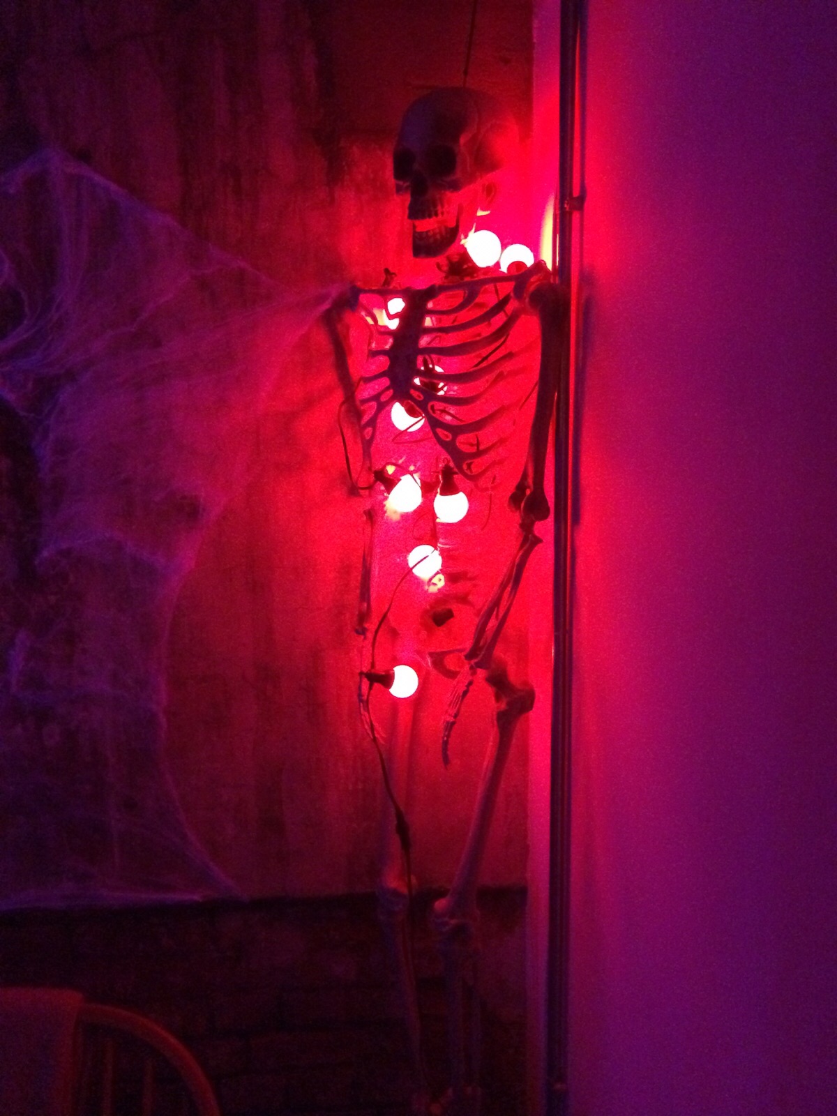 Skeleton with red light ball inside of it.