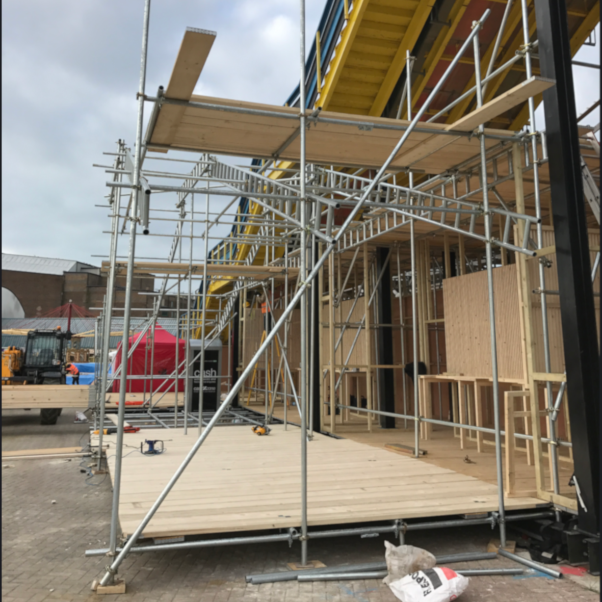 scaffoling and wood/ start of a building project.
