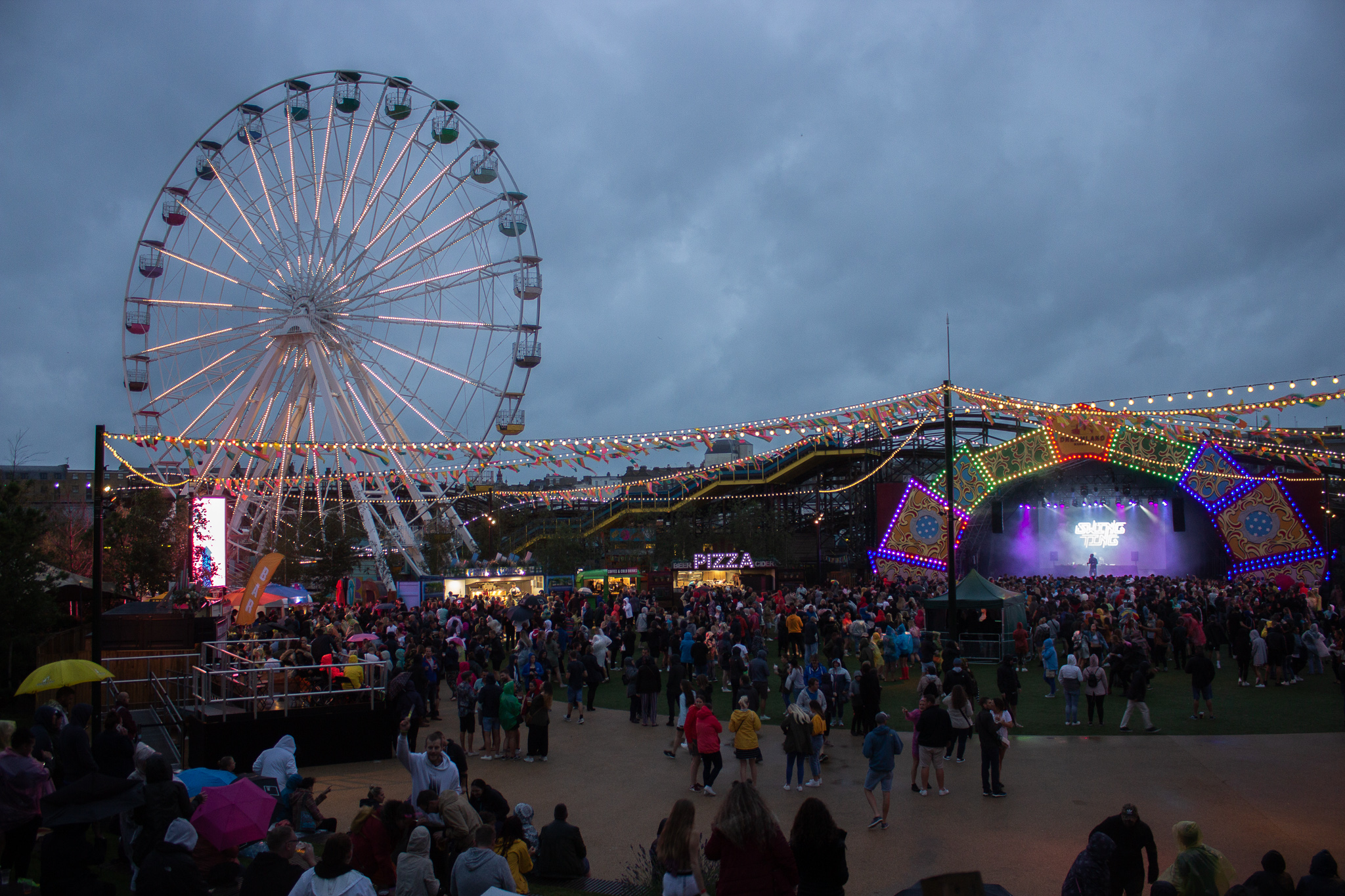 Fair ground and stage in the evening 