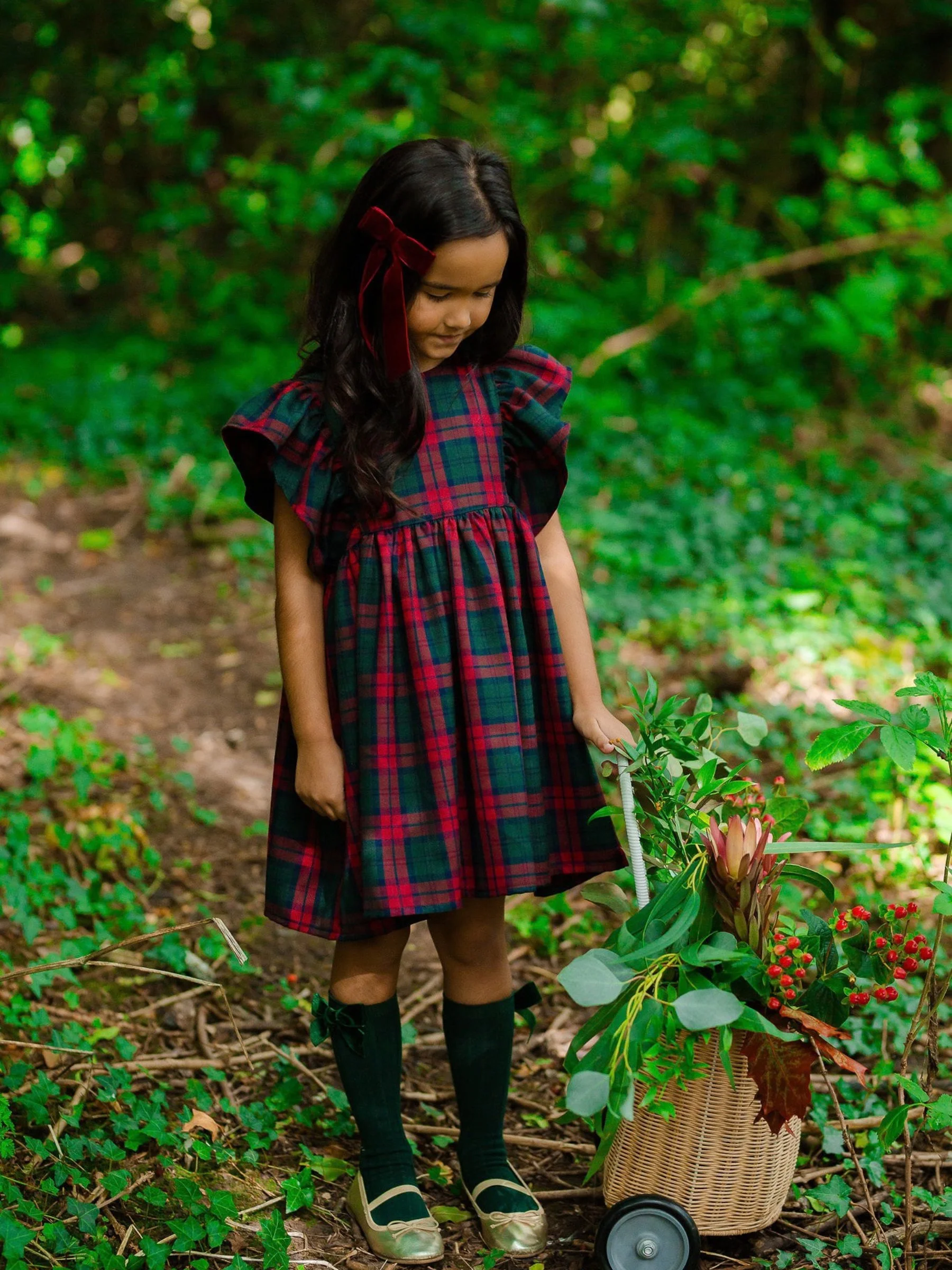 A young girl with long dark hair, wearing a plaid dress, black knee-high stockings, and shiny shoes, stands in a green forest holding a basket of flowers and plants.