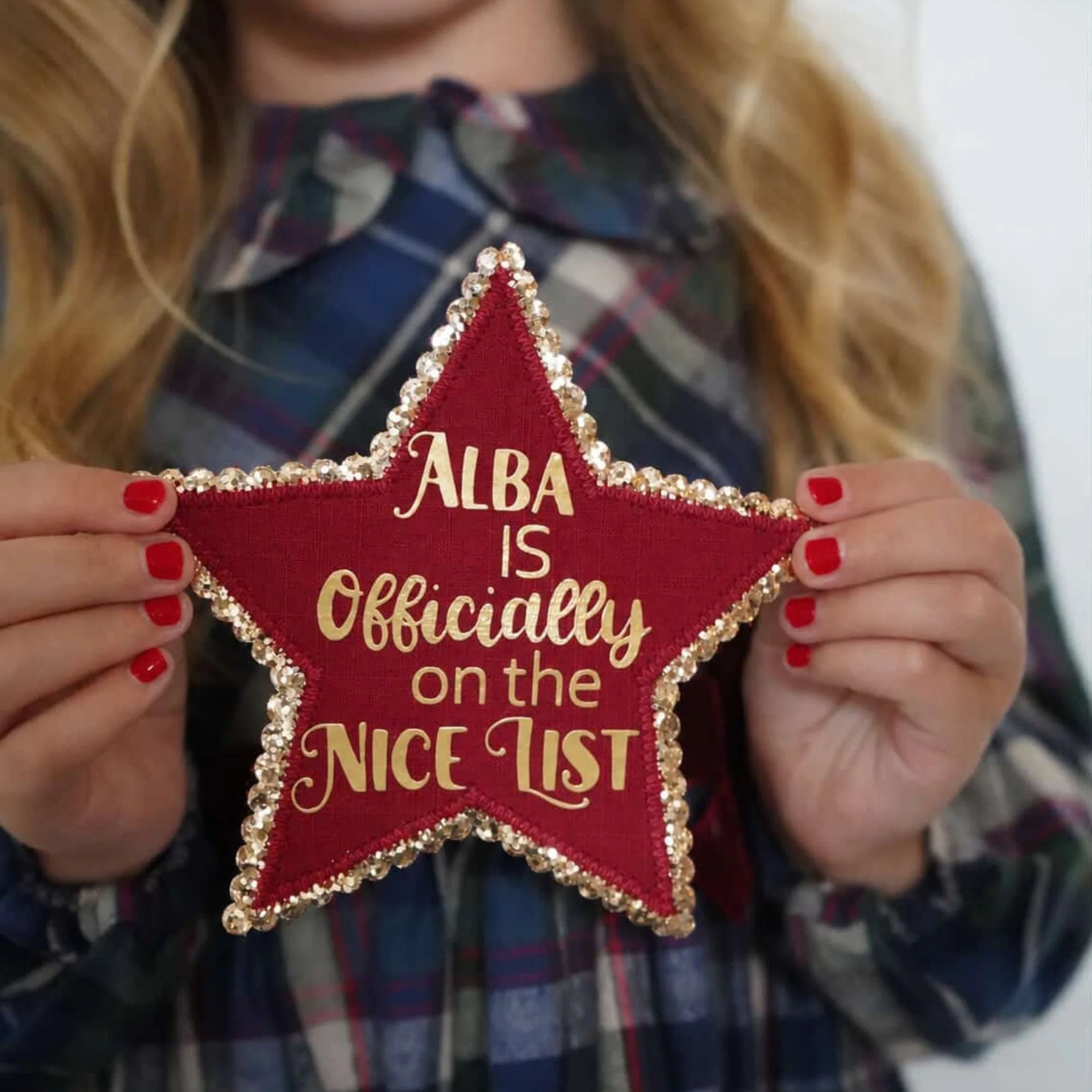 Handmade Personalised Star Nice List Christmas Badge