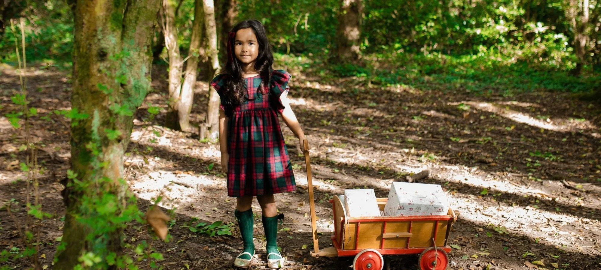 A young girl in a plaid dress and rain boots stands outdoors in a wooded area, holding a stick. Next to her is a small red wagon with boxes inside.