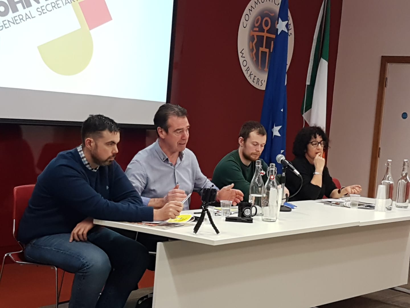 Mickey Moran (Éirígí General Secretary), John Douglas (General Secretary MANDATE), Senán Mac Aoidh (Misneach) and Cat Wiener (Focus E15).
