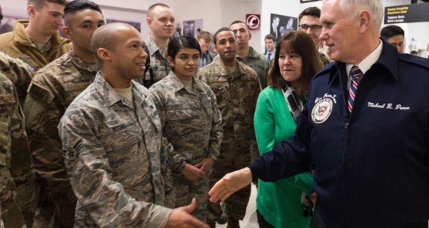 Pence meets US combat troops in Shannon Airport in January of this year.