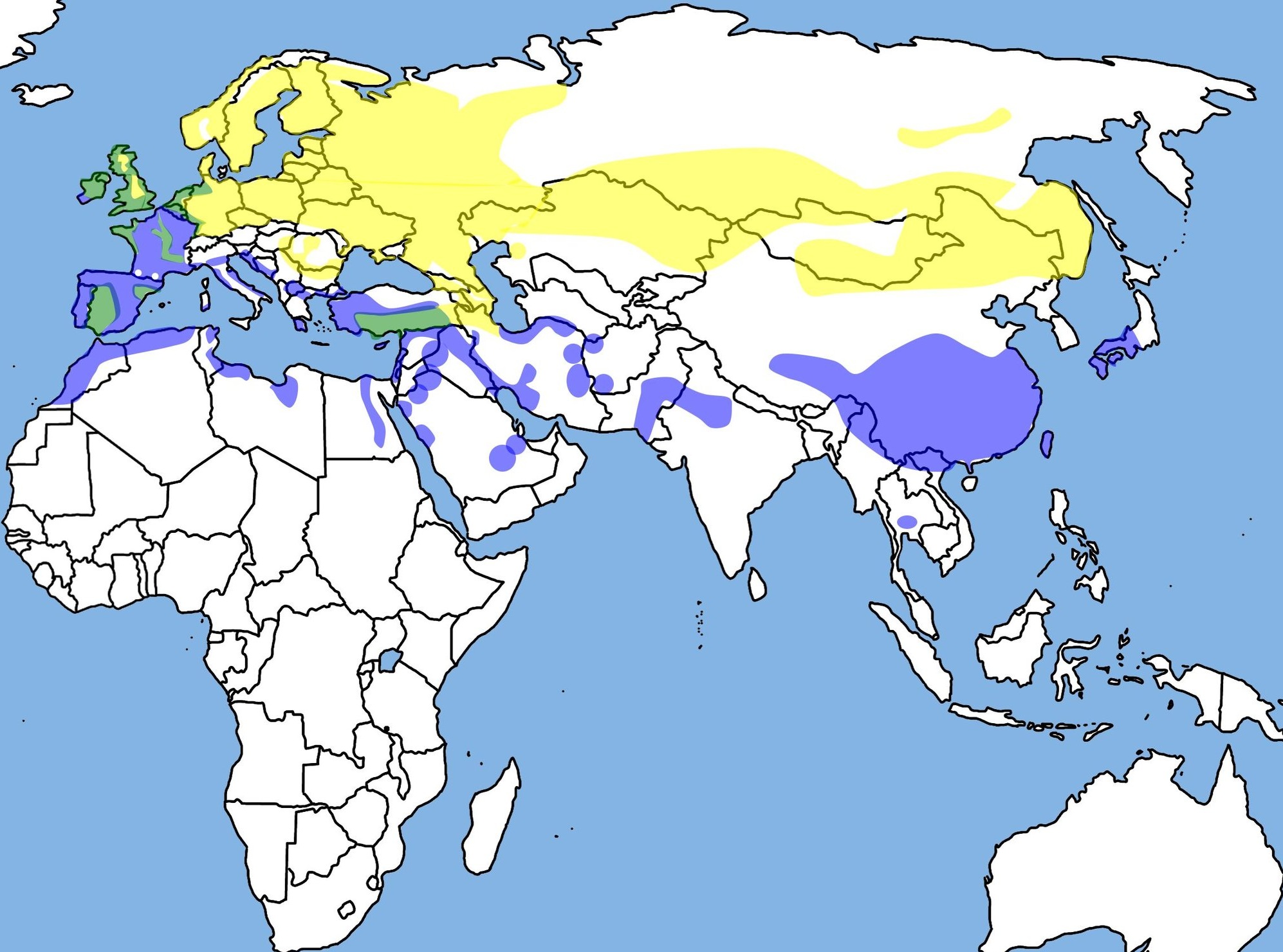 Lapwing distribution: yellow breeding range; purple wintering range; green year-long resident.