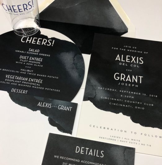 Contemporary black & white wedding stationery suite with circular dinner menu