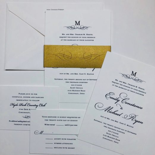 Blue and White Wedding Stationery with Gold Belly Band