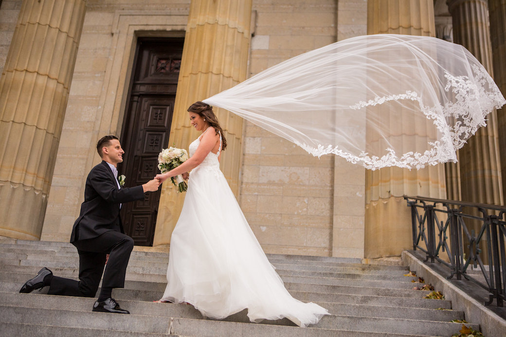 Downtown Cincinnati Wedding with blush and white palette. 