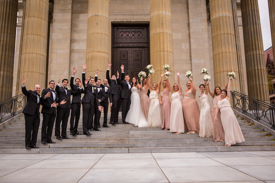 Downtown Cincinnati Wedding with blush and white palette. 