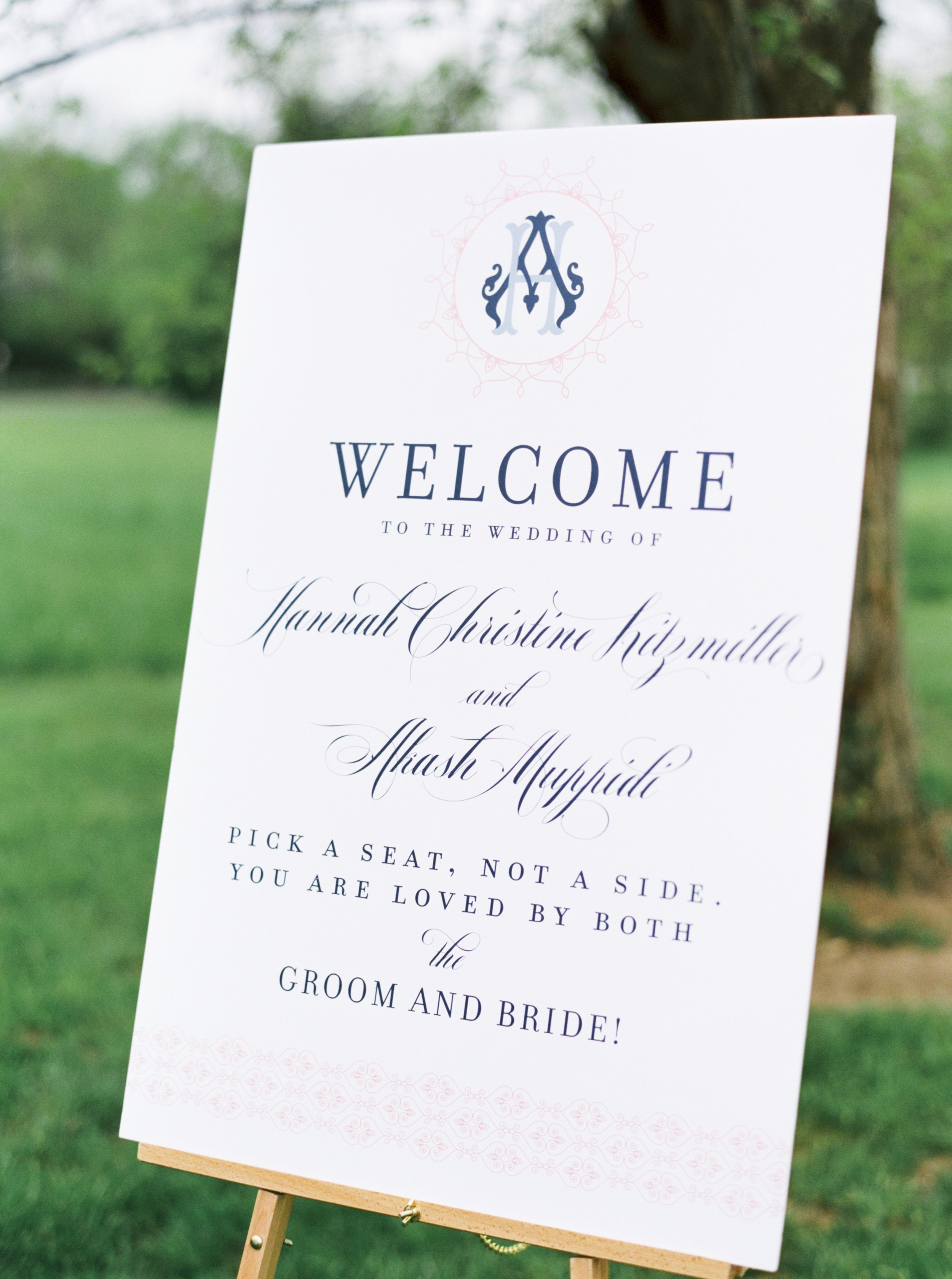  Welcome signage for Cincinnati wedding with Hindu and American elements. Stationery by Poeme. Photo Nicole Clarey 