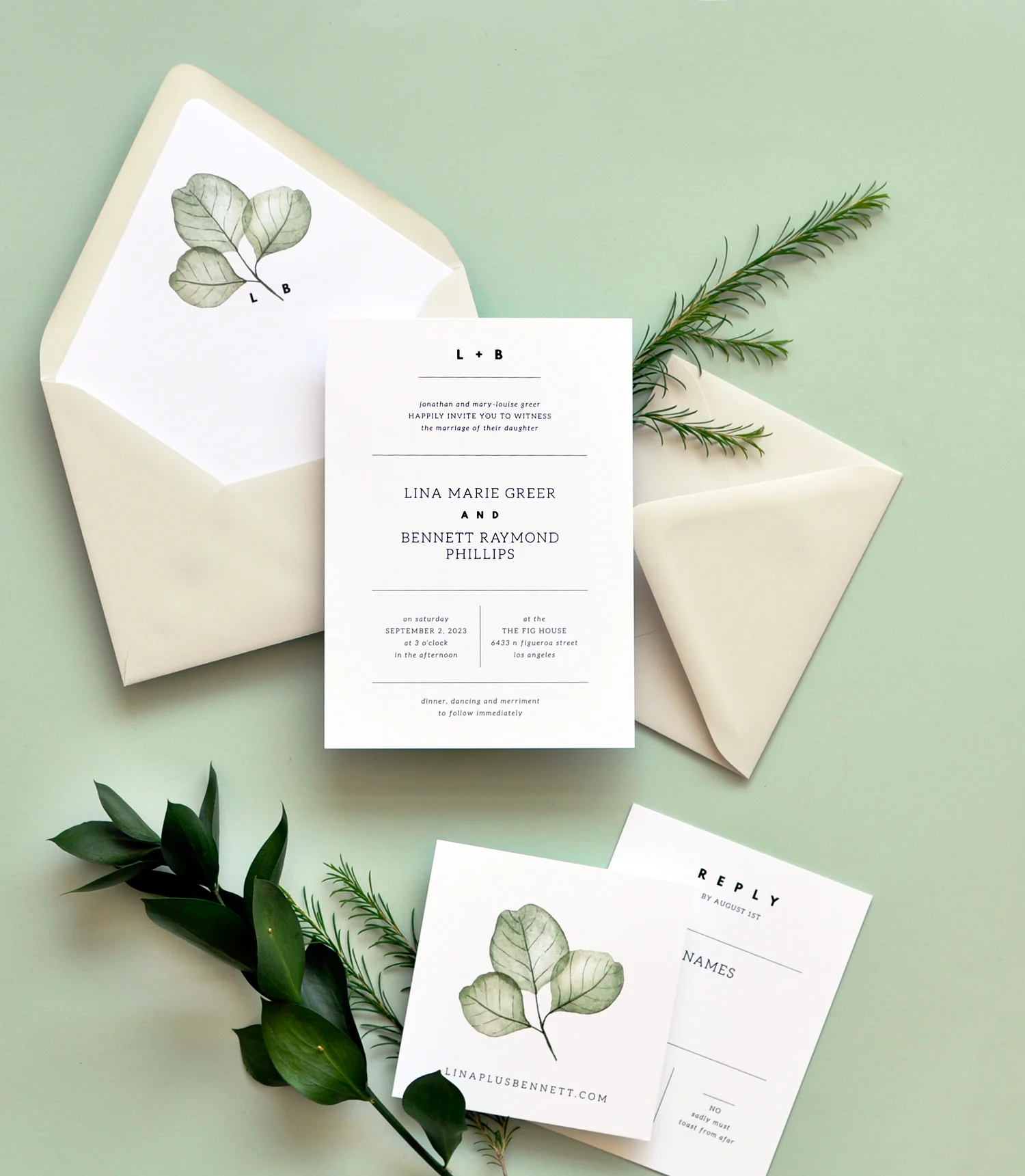 Simply Modern Wedding Invitation with Leaf Motif