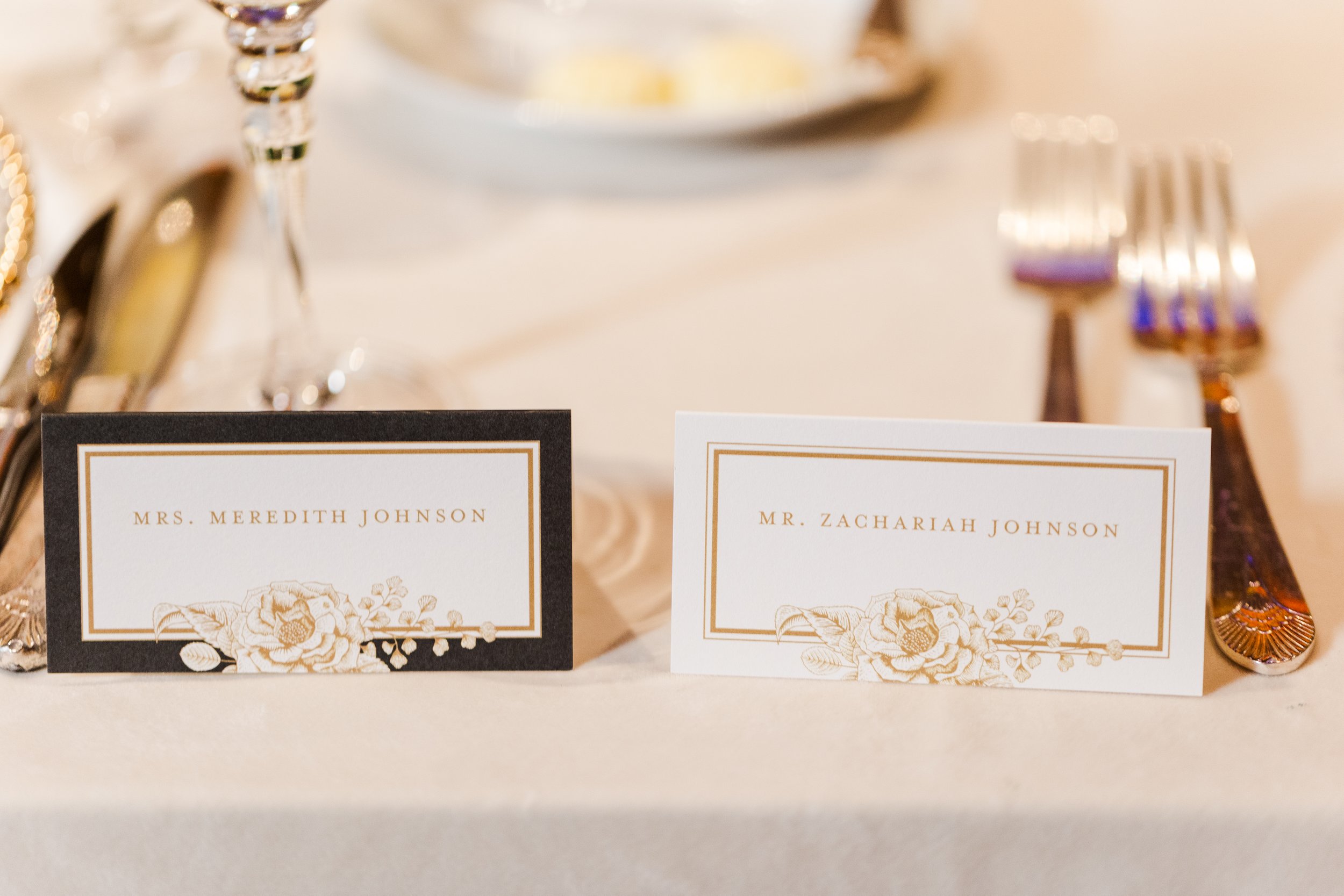 wedding place cards with gold and navy detail for cincinnati wedding