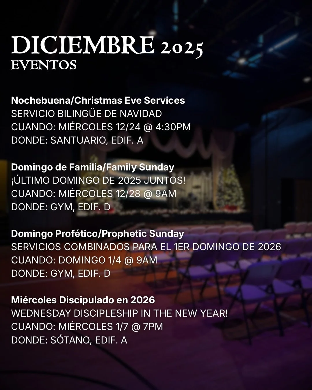 Esta temporada celebramos Navidad, familia y nuevos comienzos 🤍
Te invitamos a cada uno de nuestros servicios especiales durante diciembre y el inicio del nuevo a&ntilde;o.

🎄 Servicio biling&uuml;e de Nochebuena
👨&zwj;👩&zwj;👧 Domingo de Familia