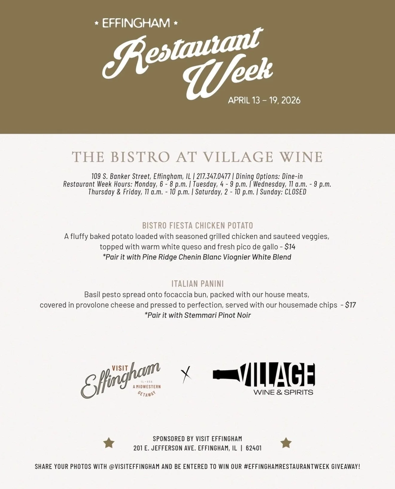 It's Effingham Restaurant Week! Come get lunch today!⁠
⁠
Our hours for the Restaurant Week are ⁠
⁠
Mon 6pm-8pm⁠
Tues 4pm-9pm⁠
Wed 11am-9pm⁠
Thur-Fri 11am-10pm⁠
Sat 2pm-10pm