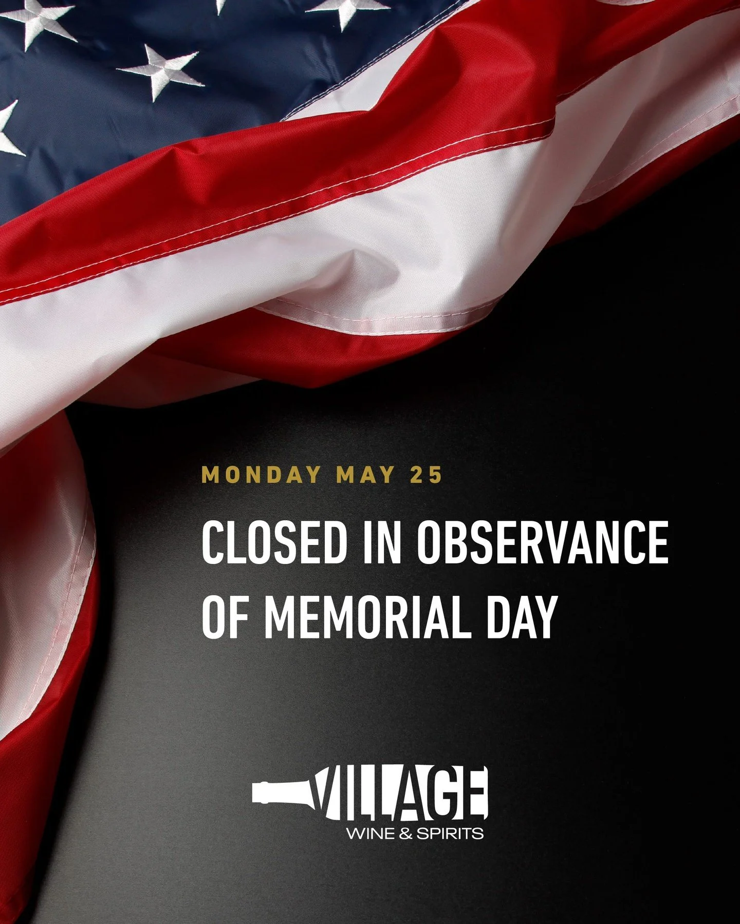 We're closed today in observance of Memorial Day. Please have a safe and happy holiday. Thank you to all who paid the ultimate price for our country.