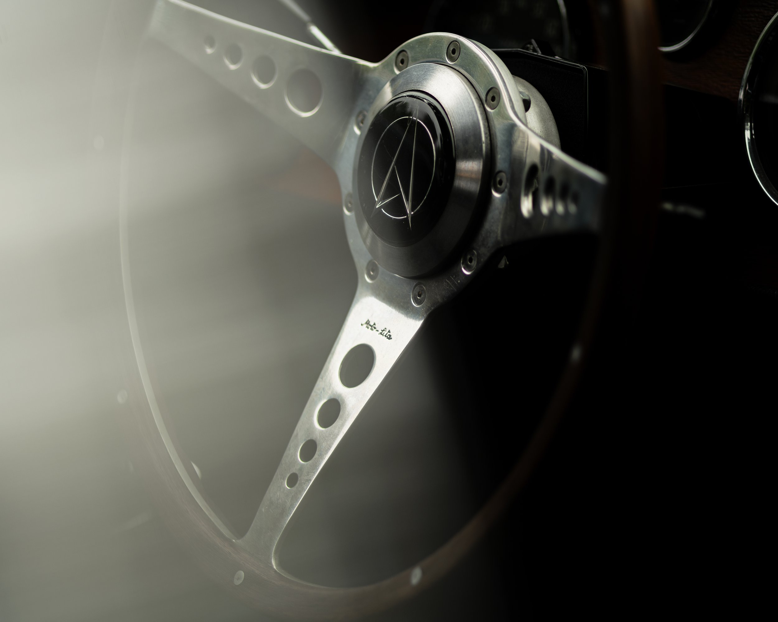 Matra Djet steering wheel photographed at the Lane Motor Museum in Nashville, Tennessee for Road and Track magazine