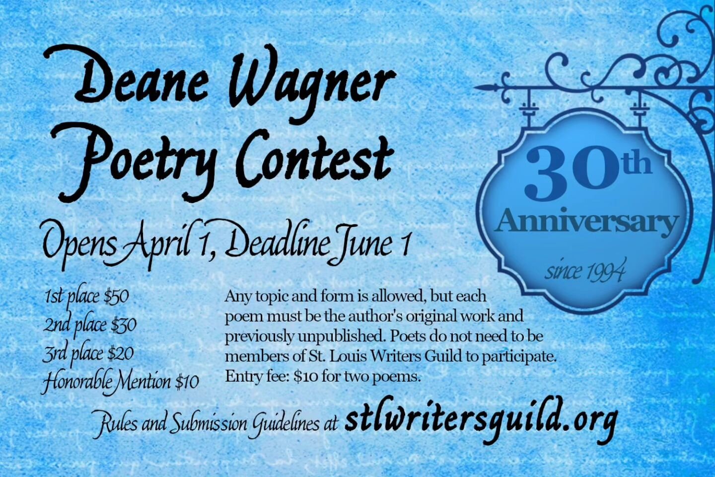 St. Louis Writers Guild's Deane Wagner Poetry Contest is celebrating its 30th Anniversary! 
Info and submission guidelines at www.stlwritersguild.org/deane-wagner-poetry/ 

#poets #poetry #poetrycontest #writingcommunity #Writers #writesofinstagram #