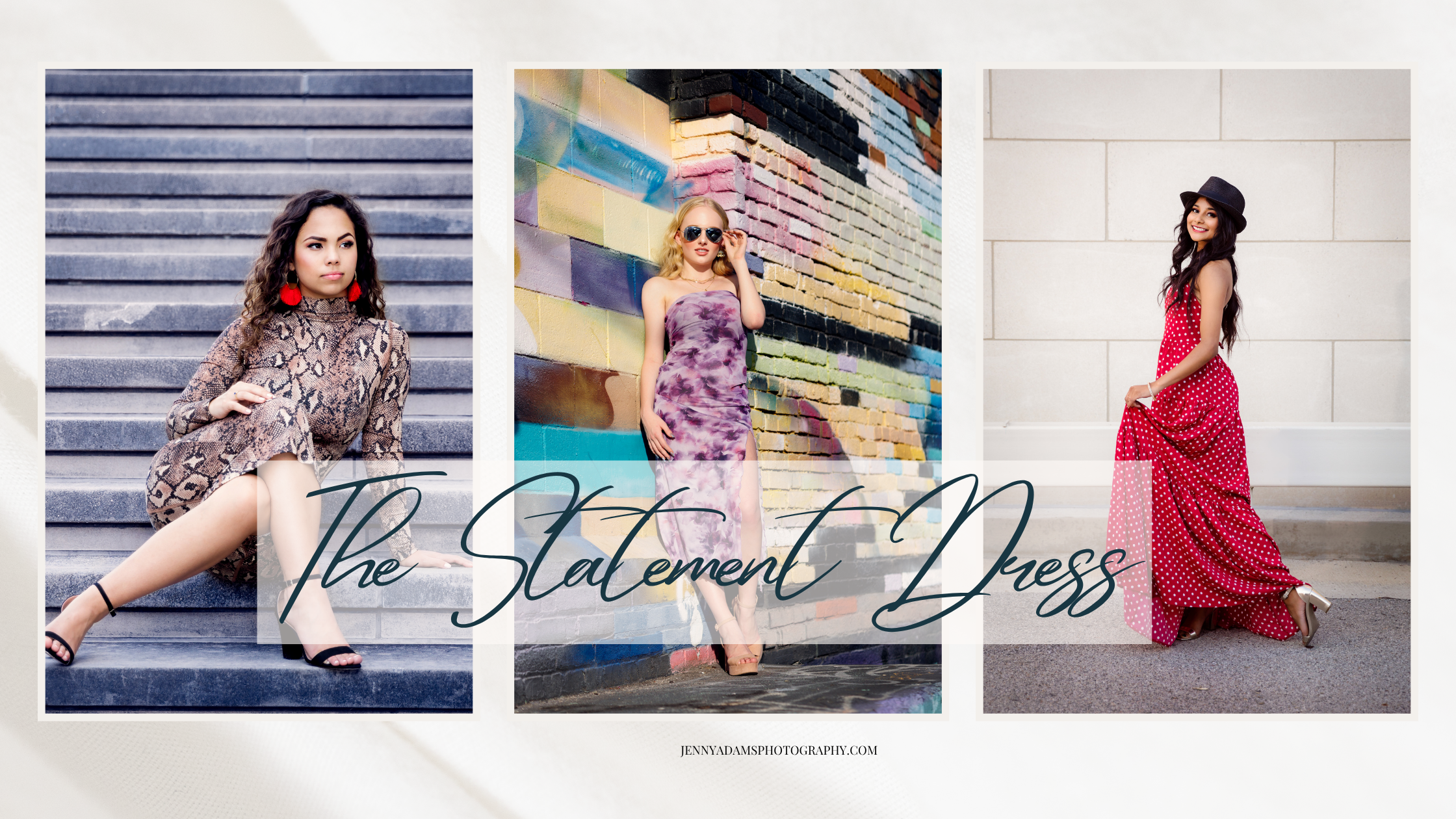 Three pictures of high school seniors in statement dresses for their high school senior pictures in downtown locations.