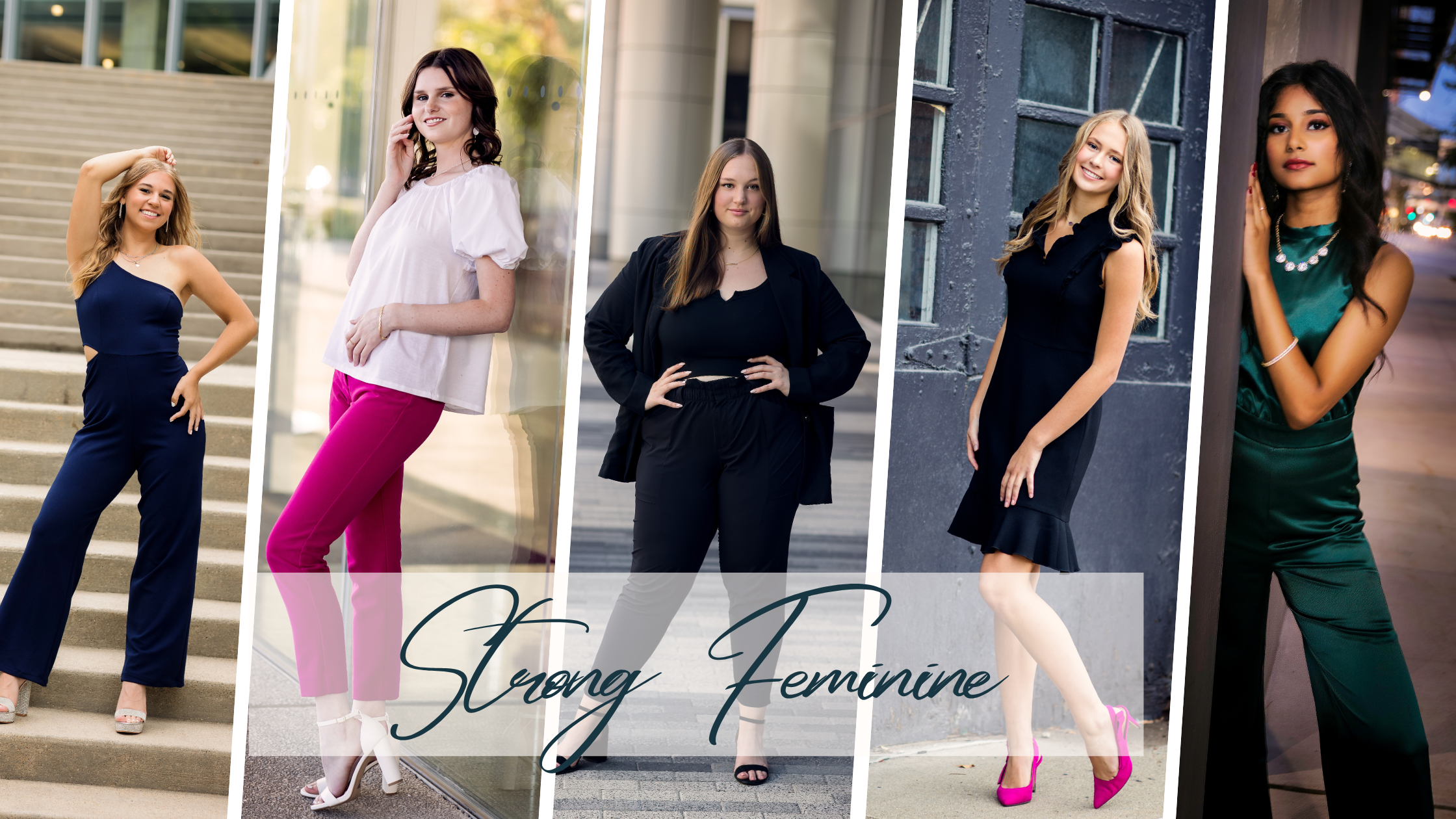 5 high school seniors wearing different strong feminine style outfits for their senior pictures