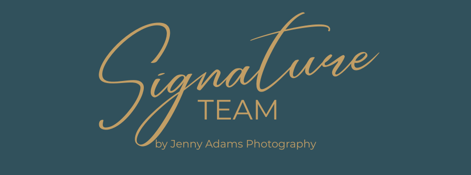A dark teal background with gold text reading Signature Team by Jenny Adams Photography