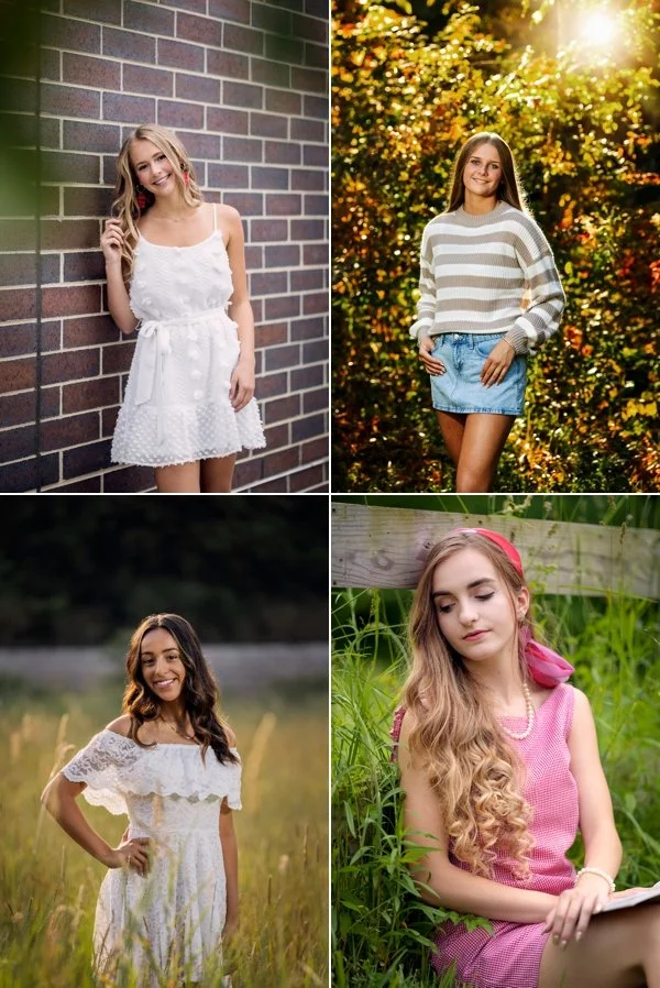 Collage of 4 different high school senior photos from summer and fall seasons.
